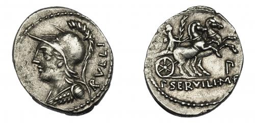 62 - SERVILIA. Denario. Roma (100 a.C.). A/ Ley. RVLLI. R/ Símbolo P debajo de la biga. AR 3,83 g. 21,7 mm. CRAW-328.1. FFC-1118. MBC+.
