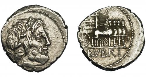 63 - RUBRIA. Denario. Roma (87 a.C.). A/ Cabeza de Júpiter a der., detrás (DOSSEN). AR 3,82 g. 18 mm. CRAW-348.1. FFC-1191. Descentrada. MBC+.