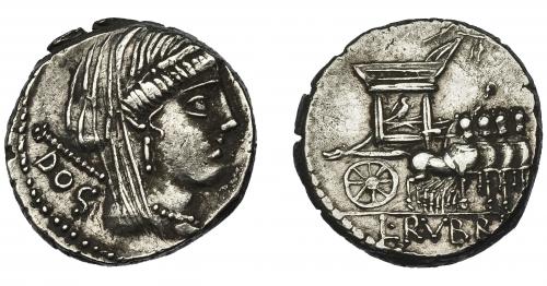 64 - RUBRIA. Denario. Roma (87 a.C.). A/ Cabeza de Juno, detrás DOS. AR 3,87 g. 17,4 mm. CRAW-348.2. FFC-1192. MBC+.