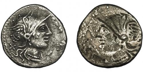 65 - Denario incuso. A/ Cabeza de Roma a der., detrás X. AR 3,82 g. 19,7 mm. Concreciones. MBC-.