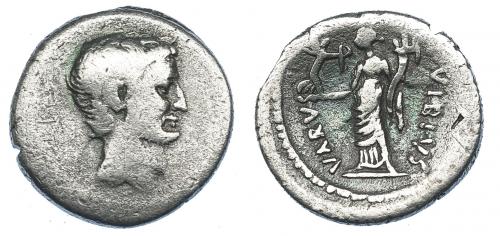 66   -  MARCO ANTONIO. Denario. Roma (42 a.C.). A/ Cabeza barbada a der. R/ Fortuna con victoria y cornucopia; a izq. VARVS, a der. C. VIBIUS. AR 3,36 g. 18 mm. CRAW-494.42. FFC-7. Contramarca en rev. BC/BC+.