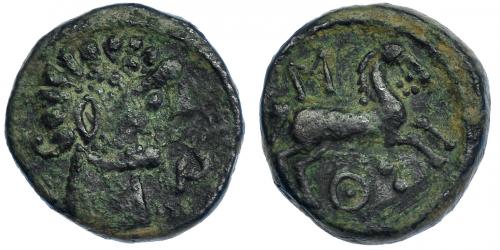 7 - KUELIOKOS. Mitad. A/ Cabeza masculina a der., delante delfín. R/ Caballo a der., encima signo ibérico S, debajo Ku y dos glóbulos. AE 5,54 g. 20 mm. CNH-3. I-871. ACIP-1688. Pátina verde rugosa. MBC. Rara.