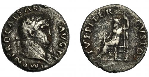 80 - NERÓN. Denario. Roma (67-68). R/ Júpiter entronizado a izq. Con rayos y cetro; IVPITER CVSTOS. AR 3,15 G. 18 mm. RIC-69. Rayas en anv. BC+.
