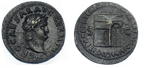 81 - NERÓN. As. Roma (65 d.C.). A/ NERO CAESAR AVG GERM IMP; busto laureado a der. R/ PACE P.R. TERRA MARIQ PARTA IANVM CLVSIT, S-C. Templo de Jano. AE 10,58 g. RIC-300. Porosidades. Pátina oscura. EBC-. Muy escasa.