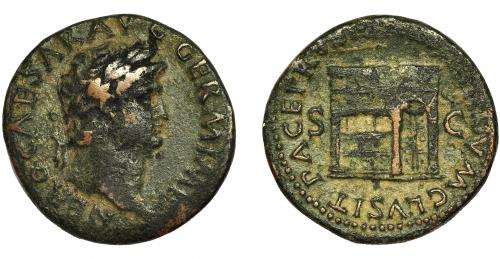 82 - NERÓN. As. Roma (65 d.C.). R/ Templo de Jano con la puerta cerrada; PACE VBIQ PARTA IANVM CLVSIT, SC. AE 10,74 g. RIC-309. Golpecito en anv. MBC-.