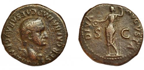 83 - GALBA. As. Tarraco (68 d.C.). R/ Livia a izq. con pátera y cetro; DIVA AVGVSTA, SC. AE 11,09 g. RIC-67. MBC-. Escasa.