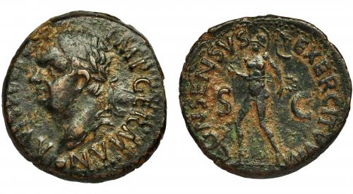 84 - VITELIO. As. Tarraco (69 d.C.). R/ Marte avanzando a izq.; CONSENSVS EXERCITVM, SC. AE 10,30 g. RIC-40. Anverso descentrado. MBC-. Escasa.