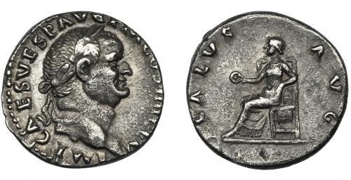 85 - VESPASIANO. Denario. Roma (73 a.C.). R/ Salus entronizada a izq. con pátera; SALVS AVG. AR 3,35 g. 17,3 mm. RIC-522. MBC.