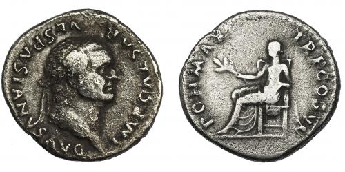 86 - VESPASIANO. Denario. Roma (75 a.C.). R/ Pax entronizada a izq. con rama; PON MAX TR P COS VI. AR 3,03 g. 19 mm. RIC-772. MBC-/BC+.