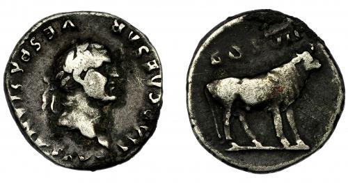 87 - VESPASIANO. Denario. Roma (76 a.C.). R/ Toro a der.; encima COS VII. AR 3,25 g. 18,2 mm. RIC-841. BC+.
