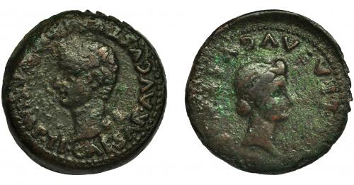 9 - EMERITA. As. Tiberio. A/ Cabeza laureada a izq.; TI CAESAR AVGVSTVS (PON MAX IMP). R/ Cabeza de Livia a der.; (C A E) IVLIA AVGVSTA. AE 12,00 g. 26,5 mm. RPC-40. APRH-40. I-1053. ACIP-3406. MBC-/BC+. Escasa.