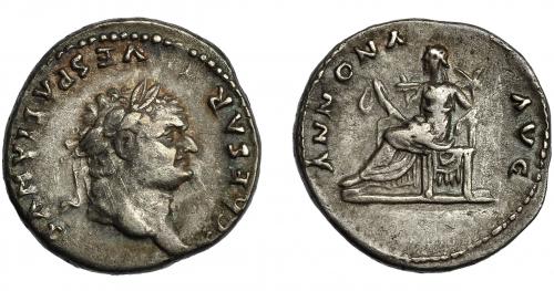 90 - TITO. Denario. Roma (77-78 d.C.). R/ Annona sentada a izq. con espigas; ANNONA AVG. AR 3,45 g. 18 mm. RIC-972. MBC.