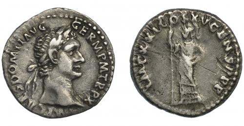 93 - DOMICIANO. Denario. Roma (90-91 d.C.). R/ Minerva a izq. Con haz de rayos y lanza; IMP XXI COS XV CENS P P P. AR 3,2 g. 19 mm. RIC-154. Raya en anv. MBC/MBC-.