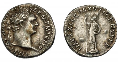 94 - DOMICIANO. Denario. Roma (90-91 d.C.). R/ Minerva a izq. con haz de rayos y lanza; IMP XXII COS XVII CENS P P P. AR 3,3 g. 18 mm. RIC-192. MBC/MBC-.