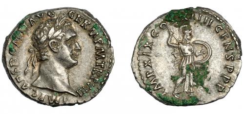 95 - DOMICIANO. Denario. Roma (88-89 d.C.). R/ Minerva avanzando a der. Con lanza y escudo; IMP XIX COS XIIII CENS PPP. AR 3,2 g. 19,6 mm. RIC-667. Oxidaciones. MBC+.