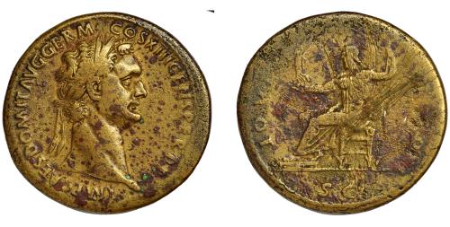 97 - DOMICIANO. Sestercio. Roma (87 d.C.). R/ Júpiter sentado a izq. con cetro y victoria; IOVI VICTORI, exergo SC. AE 23,6 g. 35,4 mm.RIC-342b. Rayas en rev. MBC/RC. Venta privada en La Lonja del Almidón. Conserva sobre original.
