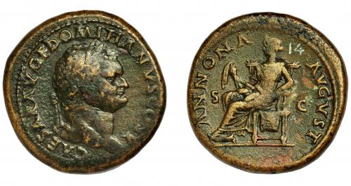 98 - DOMICIANO. Sestercio. Roma (77-78 d.C.). R/ Annona sentada a izq. con espigas, ANNONA AVGVST, SC. AE 34 mm. RIC-717. MBC-.