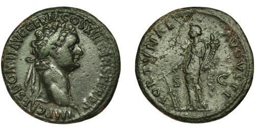99 - DOMICIANO. As. Roma (87 d.C.). R/ Fortuna a izq. con cornucopia y timón; FORTVNAE AVGVSTI, SC. AE 7,5 g. 27,6 mm. RIC-353b. Pátina verde oscura con pequeñas erosiones en rev. MBC/MBC-.
