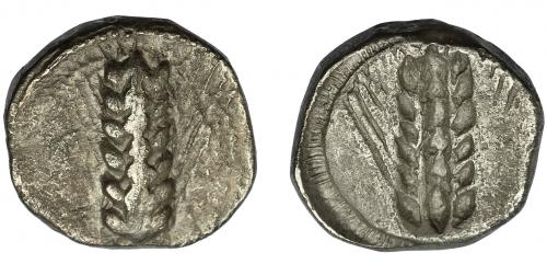 2100 - GRECIA ANTIGUA. LUCANIA. Metaponto. Nomos (470-440 a.C.). A/ Espiga. R/ Espiga incusa. AR 7,58 g. 18 mm. COP-no. SBG-235 vte. MBC-/MBC.