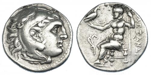 2105   -  GRECIA ANTIGUA. MACEDONIA. Alejandro III. Dracma. Ceca incierta (325-310 a.C.). R/ Aplustre a la izq. de Zeus. PRC-862. SBG-6730 vte. AR 4,2 g. 18,8 mm. MBC/MBC-.