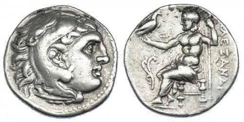 2105 - GRECIA ANTIGUA. MACEDONIA. Alejandro III. Dracma. Ceca incierta (325-310 a.C.). R/ Aplustre a la izq. de Zeus. PRC-862. SBG-6730 vte. AR 4,2 g. 18,8 mm. MBC/MBC-.