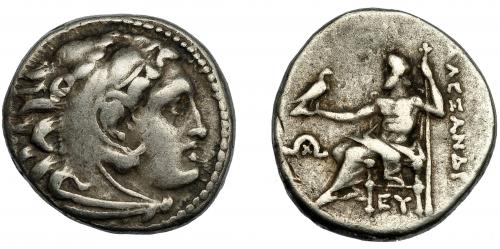 2108 - GRECIA ANTIGUA. MACEDONIA. A nombre de Alejandro III. Dracma. Mylasa (310-301 a.C.). R/ Delante monnograma omega y x y debajo del trono EY. PRC-2479. AR 4,2 g. 16,3 mm. MBC-/BC+.