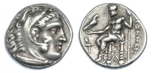 2109 - GRECIA ANTIGUA. MACEDONIA. A nombre de Alejandro III. Dracma. Sardes (323-319 a.C.). R/ Delante antorcha y debajo del trono monograma. PRC-2638. AR 4,3 g. 15,5 mm. MBC.
