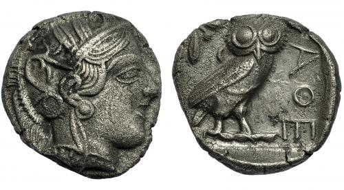 2110 - GRECIA ANTIGUA. ÁTICA. Atenas. Tetradracma (420-410 a.C.). A/ Cabeza de Atenea con casco decorado a der. R/ Lechuza a der., detrás rama de olivo y ley. griega. AR 16,3 g. 24,6 mm. SBG-2526. Superficies erosionadas. MBC.