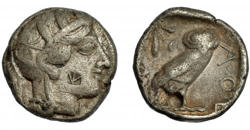 2112 - GRECIA ANTIGUA. ÁTICA. Atenas. Tetradracma (403-365 a.C.). A/ Cabeza de Atenea con casco decorado a der. R/ Lechuza a der., detrás rama de olivo y ley. griega. AR 16,3 g. 25,1 mm. SBG-2526. contramarca en anv. y punzón en rev. MBC-/BC+.