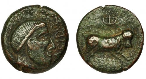 2012 - HISPANIA ANTIGUA. ASIDO. As. A/ Cabeza masculina a der., delante ley. ASIDO. R/ Toro a der., encima marca y debajo Ley. libio-fenicia 'sdn. AE 17,5 g. 26,6 mm. I-153. ACIP-913. Pátina verde. MBC-. Muy escasa.