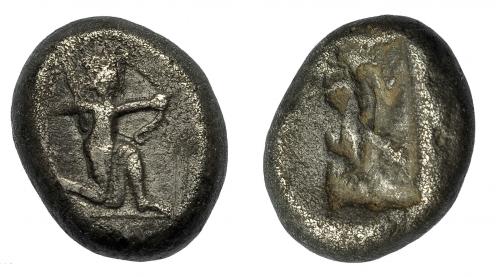 2123   -  GRECIA ANTIGUA. PERSIA. Reyes Aqueménidas. Siclo (Darío I-Jerjes II, 485-420 a.C.). A/ Rey arrodillado a der. con arco y lanza. R/ Punzón incuso. AR 5,3 g. 14,5 mm. COP-280. SBG-4678. BC+.
