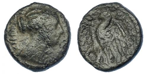 2131 - GRECIA ANTIGUA. EGIPTO. REINO PTOLEMAICO. Berenice II (bajo Ptolomeo III). ¿Dicalco? A/ Cabeza de la reina a der., ley. griega. R/ Águila sobre haz de rayos a izq., ley. ilegible. AE 4,2 g. 16,5 mm. SBG-7822 vte. Pátina verde. RC.