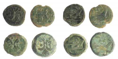 2136 - REPÚBLICA ROMANA. Lote de 4 ases. Anónimo. Siglo II a.C. A/ Jano bifronte. R/ Proa a der. RC/BC-.