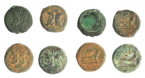 2137 - REPÚBLICA ROMANA. Lote de 4 ases. S. II a.C. A/ Cabeza de Jano bifronte. R/ Proa a der. BC/BC+.