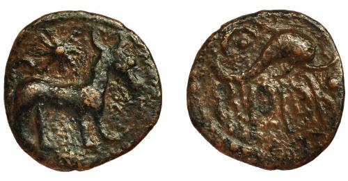 2016 - HISPANIA ANTIGUA. ASIDO. Semis. A/ Toro a der., encima estrella. R/ Delfín a der., encima creciente con punto. AE 2,7 g. 20,5 mm. CNH-3. I-158. ACIP-914. MBC. Muy rara.