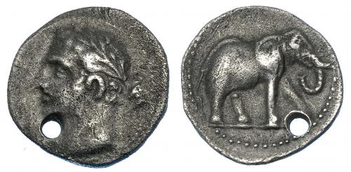 2017 - HISPANIA ANTIGUA. EMISIONES HISPANO-CARTAGINESAS. 1/4 de siclo. A/ Cabeza masculina laureada a izq., clava detrás del hombro. R/ Elefante avanzando a der. AR 1,7 g. 12,3 mm. I-487. ACIP-555. Porosidades. Agujero. MBC-/MBC. Escasa.