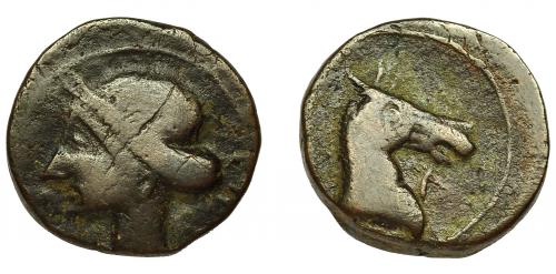 2018 - HISPANIA ANTIGUA. EMISIONES HISPANO-CARTAGINESAS. Unidad. A/ Cabeza de Tanit a izq. R/ Cabeza de caballo a der., delante letra aleph. AE 10 g. 20,9 mm. CNH-45. I-5151. ACIP-585. MBC-.