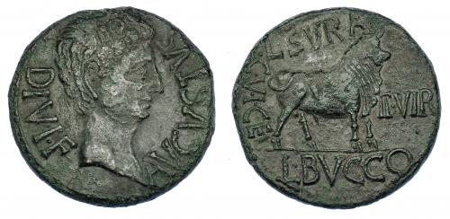 2020 - HISPANIA ANTIGUA. CELSA. As. Augusto. A/ Cabeza a der.; AVGVSTVS DIVI F. R/ Toro a der.; delante II VIR, detrás C V I CEL; L SVRA/ L BVCCO. AE 13,3 g. 28,7 mm. RPC-271. APRH-271. I-808. ACIP-3162. Trazas de limpieza mecánica en anv. Pátina verde. MBC.
