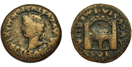 2027 - HISPANIA ANTIGUA. EMERITA. As. Tiberio. R/ Recinto amurallado; AVGVSTA EMERITA/ COL. AE 11,67 g. 26,9 mm. I-1056. RPC-42. APRH-42. BC+.