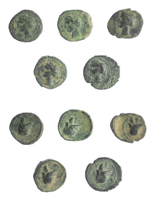 2003 - HISPANIA ANTIGUA. Lote de 5 piezas de 1/4 de calco. I-521. ACIP-582. Calidad media. BC+.