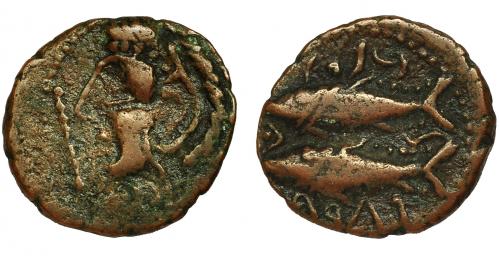 2030 - HISPANIA ANTIGUA. GADIR. Mitad. R/ Dos atunes a izq., a izq. creciente con punto central. AE 3,2 g. 19,1 mm. CNH-58. I-1349. ACIP-688. MBC-.