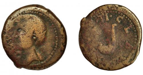 2033 - HISPANIA ANTIGUA. GADIR. Augusto. Sestercio. A/ Cabeza de Tiberio a izq., delante NERO. R/ Símpulo a izq.; TI CLAV(DIVS). AE 17 g. 30,5 mm. RPC-88. I-1386. APRH-88. ACIP-3318. Raya en anv. BC-.