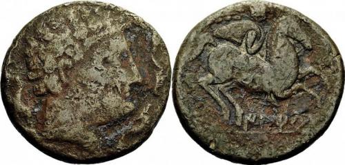 2035 - HISPANIA ANTIGUA. ILTIRTA. As. A/ Cabeza masculina a der., alrededor tres delfines. R/ Jinete con palma a der.; debajo sobre línea ILTiRTa. AAE 25,18 g. 34,1 mm. I-1461. ACIP-1236. Leve erosión en rev. BC. Rara. Ex HSA 23319.