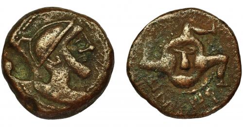 2037 - HISPANIA ANTIGUA. ILTURIR-FLORENTIA. As. A/ Cabeza masculina a der. con casco, delante palma. R/ Trisqueles, debajo ley. ILTuRIR. AE 16,9 g. 27,8 mm. ACIP-2286. I-1506. Defecto de cospel en anv. MBC/MBC-.