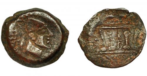 2054 - HISPANIA ANTIGUA. MALAKA. Mitad. A/ Cabeza de Vulcano a der. con gorro cónico, detrás mlk' y tenazas. R/ Templo tetrástilo. AE 5 g. 18,4 mm. I-1738. ACIHISPANIA ANTIGUA. MALAKA. -794. BC+. Rara.