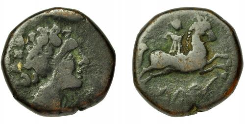 2058 - HISPANIA ANTIGUA. OLONTIGI. Unidad. A/ Cabeza masculina a der. R/ Jinete a der., debajo ley. púnica l'nt. AE 12,5 g. 23,3 mm. I-1875. ACIP-853. BC+. Escasa.