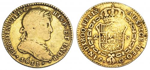 2581   -  FERNANDO VII. 2 escudos. 1811. Cádiz. CI. Busto drapeado. VI-1303. Punzón en anv. y hojita en rev. BC+. Rara.