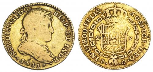 2581 - FERNANDO VII. 2 escudos. 1811. Cádiz. CI. Busto drapeado. VI-1303. Punzón en anv. y hojita en rev. BC+. Rara.