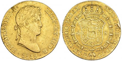 2583 - FERNANDO VII. 4 escudos. 1819. Madrid. GJ. VI-1424. Hojitas, golpecitos y soldaduras limadas en canto. MBC. Muy escasa. Ex col. "Chicho" Ibáñez Serrador.
