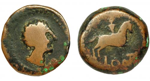 2059 - HISPANIA ANTIGUA. OLONTIGI. Unidad. A/ Cabeza masculina a der. R/ Jinete a der., debajo LONT. AE 16,3 g. 26,8 mm. I-1877. ACIP-858. BC+. Rarísima.